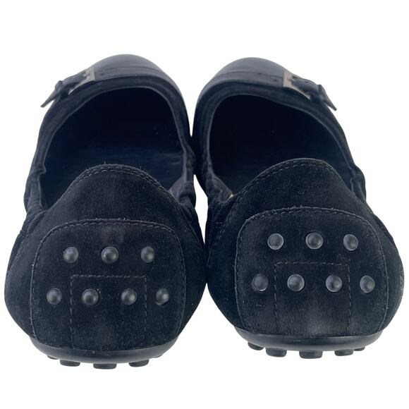 Tods Women Black Suede Ballet Flats Patent Leather Cap Toe Buckle Detail Sz 36.5 - Picture 6 of 13